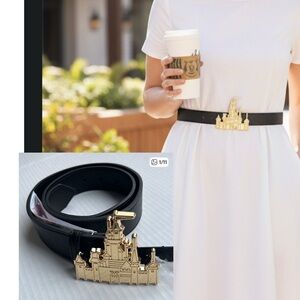 Disney Parks Gold Fantasyland Castle Buckle Black Belt - NWT